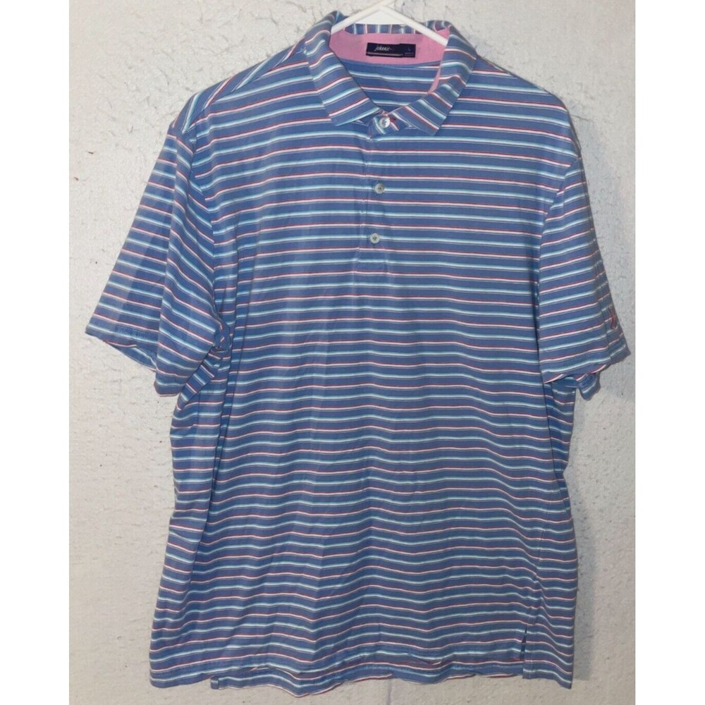 Johnnie-O Golf Polo Shirt Mens sz L Blue Pink Striped Classic Stretch Cotton